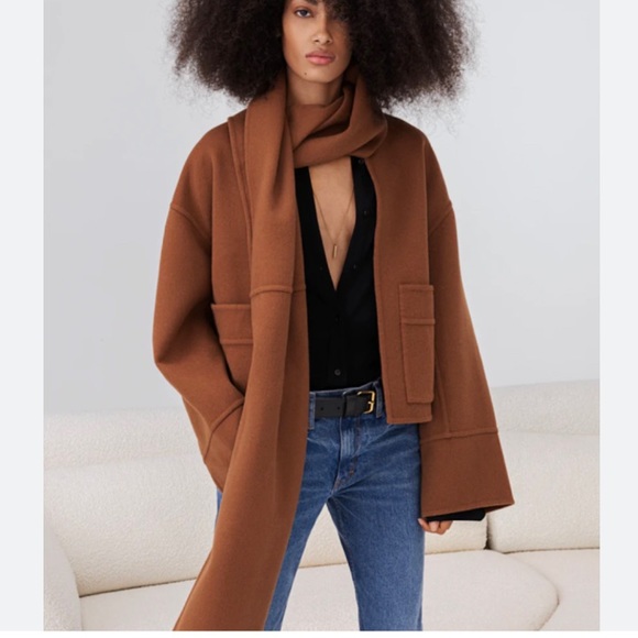 HOUSE OF HARLOW 1960 Wool Blend Coat with Scarf Nutmeg Womens LARGE Shawl combo - Picture 3 of 14